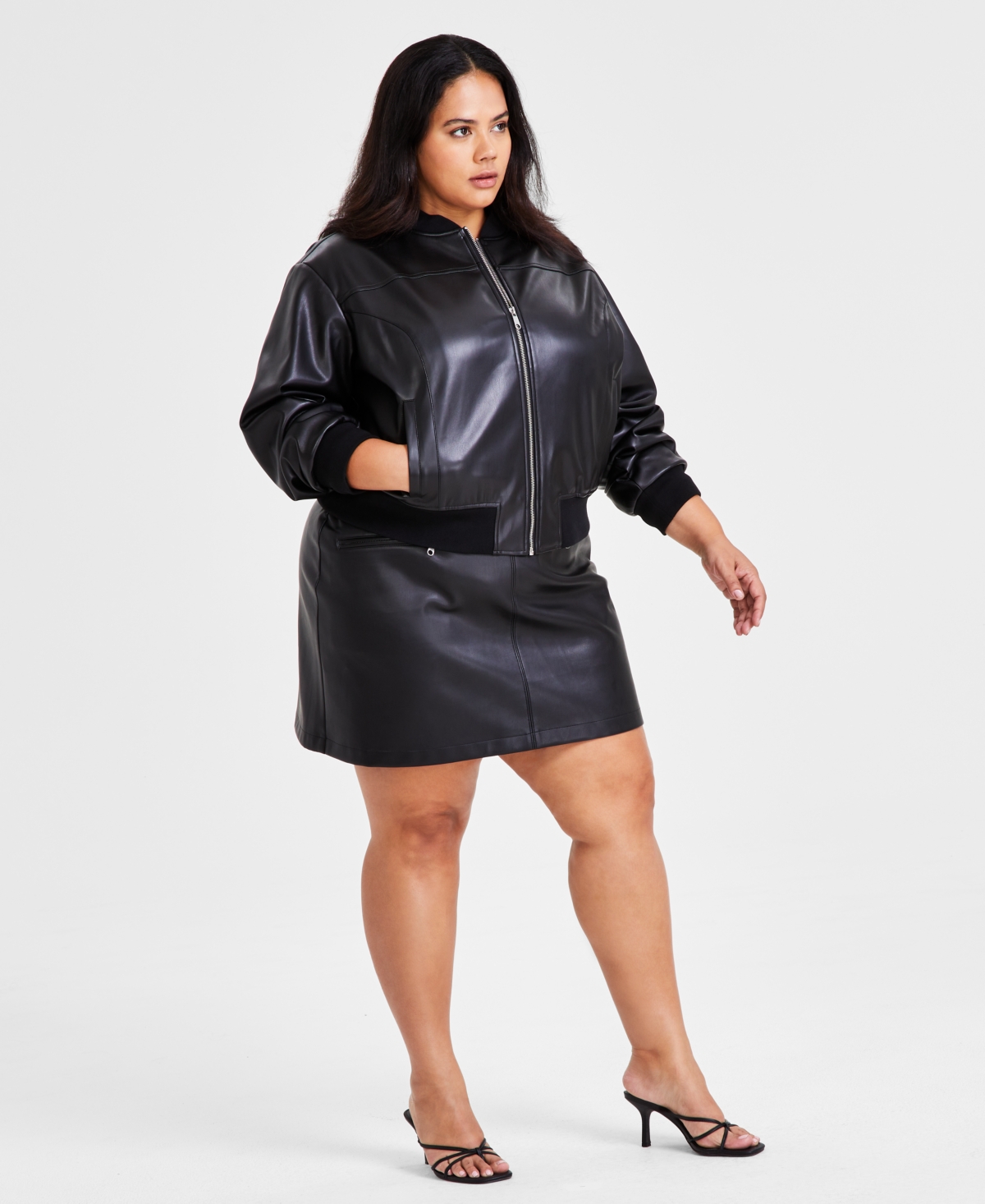 Bar Iii Trendy Plus Size Faux-Leather Bomber Jacket, Created for Macy's