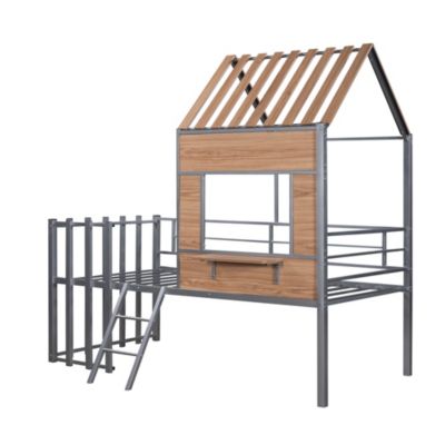 Metal Twin Size Loft Bed With Roof, Window, Guardrail, Ladder