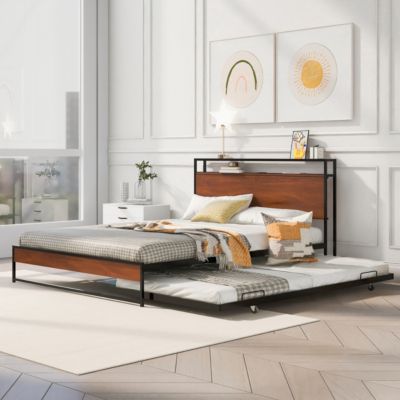 Streamdale Queen Metal Platform Bed w/ Trundle, USBs