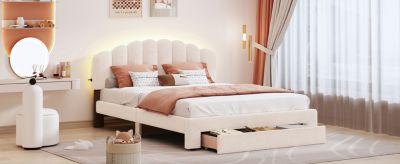 Streamdale Teddy Fleece Queen Size Upholstered Platform Bed With Drawer, White