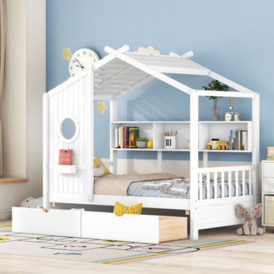 Wooden Twin Size House Bed With 2 Drawers, Kids Bed With Storage Shelf