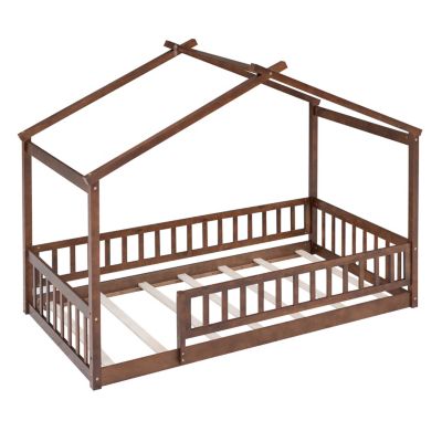 Streamdale Walnut Fence Bed House Frame for Kids and Teens