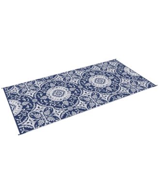 Reversible Outdoor Rug with Carry Bag 9' x 18' Blue & White Flower