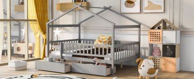 Full Size Wooden House Bed With Two Drawers