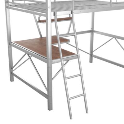 Full Size Loft Bed with Metal & MDF Frame, Desk and Shelf, Silver