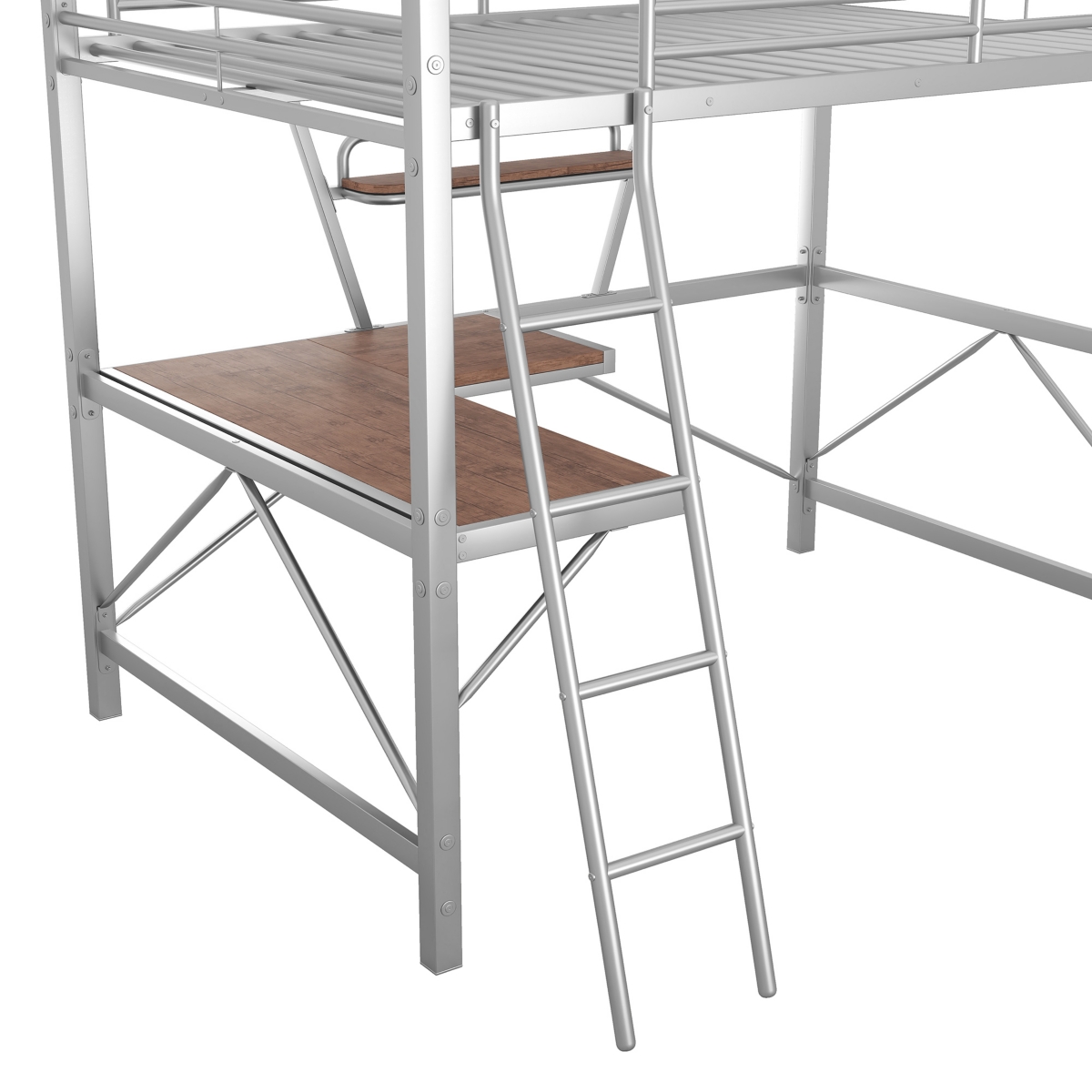 Simplie Fun Full Size Loft Metal&Mdf Bed With Desk And Shelf, Silver
