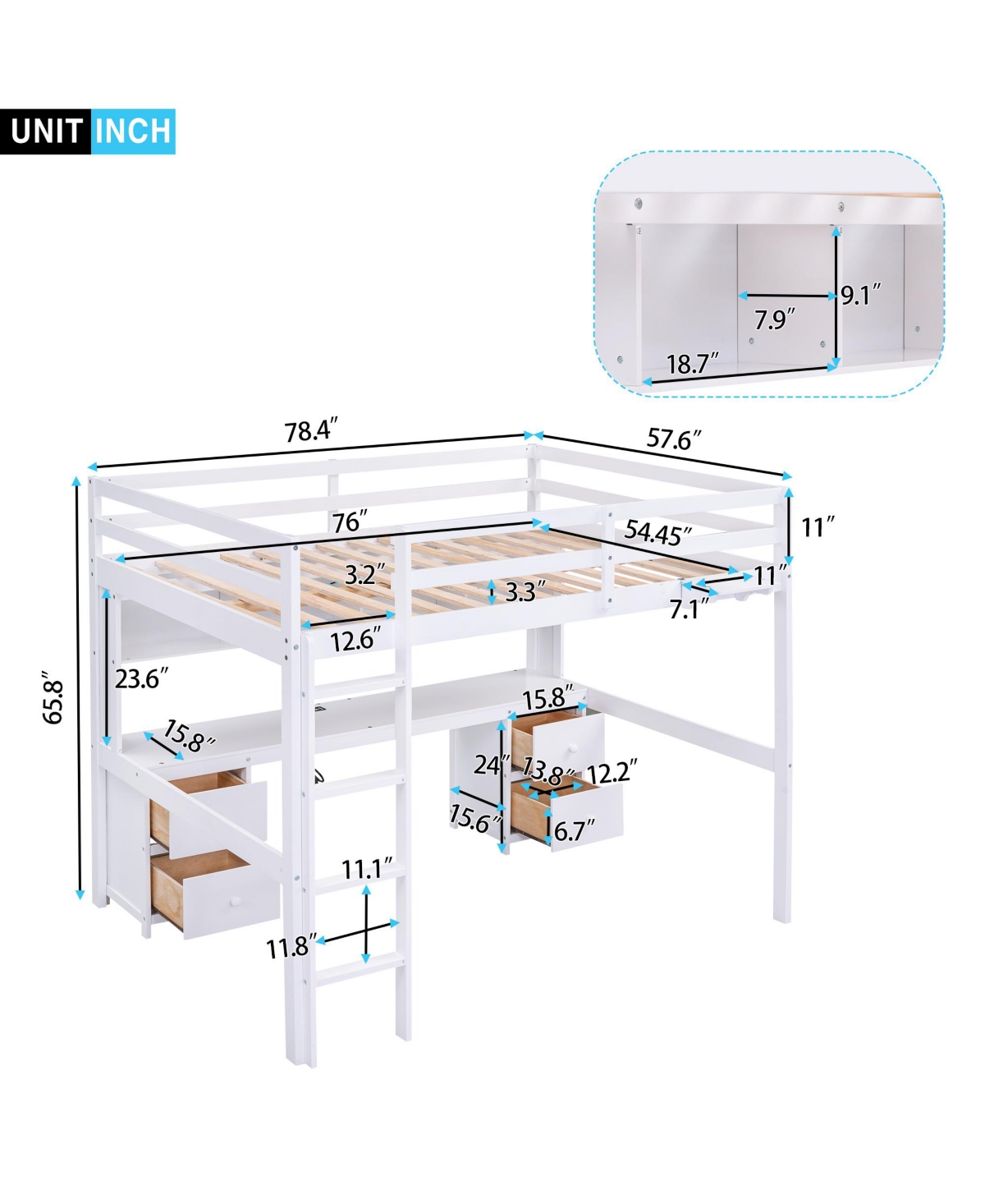 Simplie Fun Full Size Loft Bed With Desk, Cabinets, Drawers And Bedside Tray, Charging Station