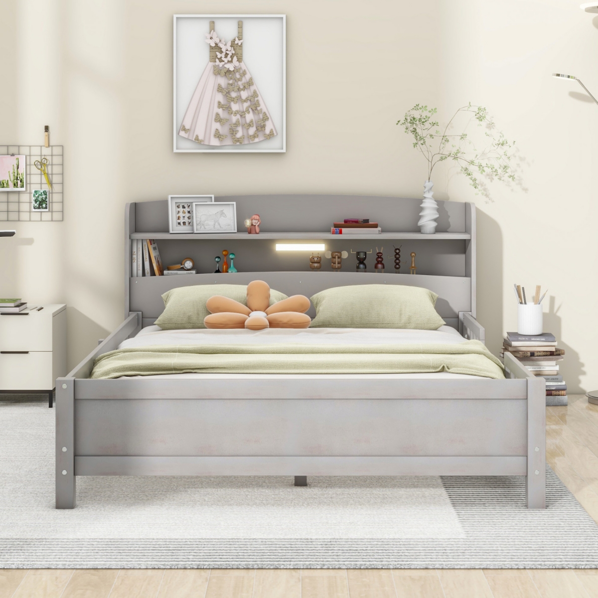 Simplie Fun Wood Full Size Platform Bed With Built-In Led Light, Storage Headboard And Guardrail