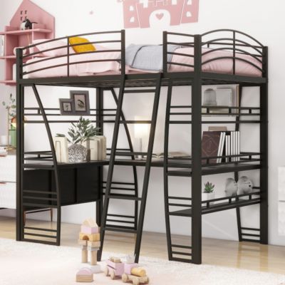 Streamdale Full Size Loft Bed with Shelves, L-Shaped Desk & Charging Ports