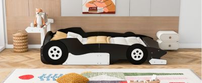 Full Size Race Car-Shaped Platform Bed With Wheels