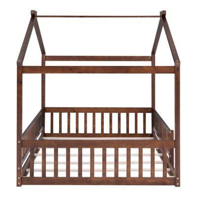 Streamdale Full Size Wood House Bed Frame with Fence, Natural