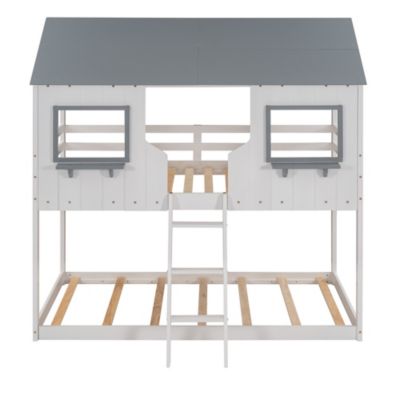 Bunk Bed with Roof, Window, and Guardrail - Twin