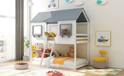 Bunk Bed with Roof, Window, and Guardrail - Twin