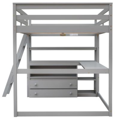 Streamdale Full Size Loft Bed With Desk And Shelves, Two Built-In Drawers