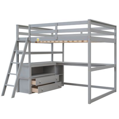 Streamdale Full Size Loft Bed With Desk And Shelves, Two Built-In Drawers