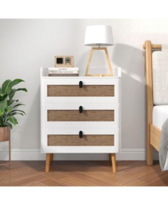 Modern End Table with 3 Rattan Decorated Drawers-White