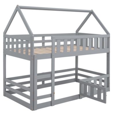 Twin Size  Pine Wood Over Twin House Bunk Bed With Fence And Door