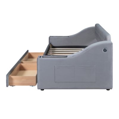 Twin Size Upholstered Daybed With Storage Armrests And USB Port