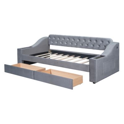 Twin Size Upholstered Daybed With Storage Armrests And USB Port