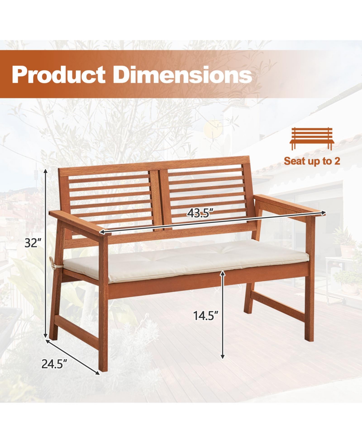 Slickblue 2-Person Solid Wood Patio Bench with Backrest and Cushion - Natural and Off White