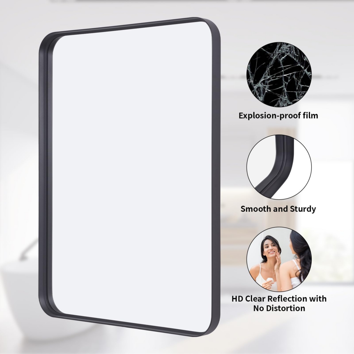 HomluxDeep Frame Bathroom Mirror with Modern Rounded Corners, Horizontal or Vertical Hang - Black