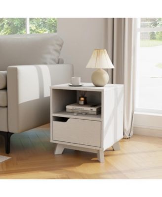 Mid Century Modern Bedside Table with Storage Drawer and Open Shelf-White