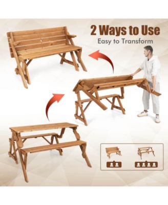 2-in-1 Transforming Interchangeable Wooden Picnic Table Bench with Umbrella Hole-Dark Brown