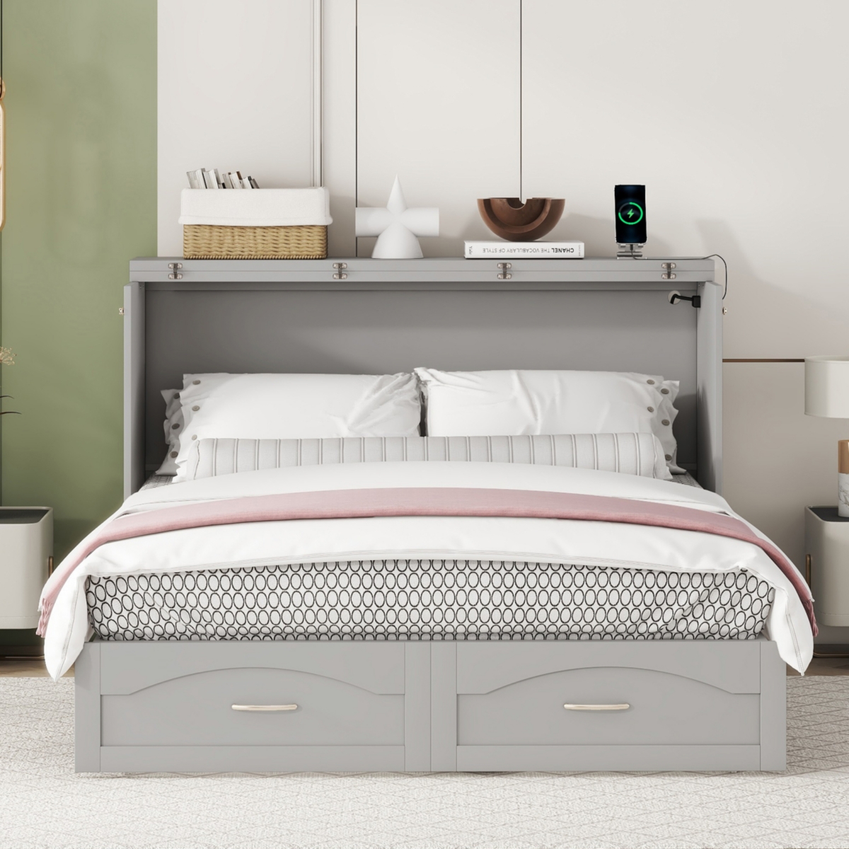 Streamdale Queen Size Wall Bed with Drawer and Charging Ports