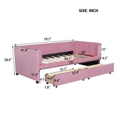 Streamdale Pink Upholstered Daybed with Ergonomic Backrest and Drawers