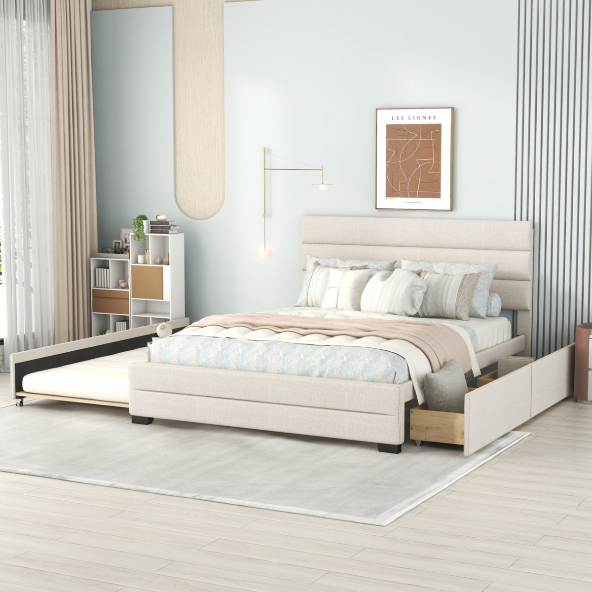 Streamdale Queen Upholstered Platform Bed With Twin Size Trundle And Two Drawers