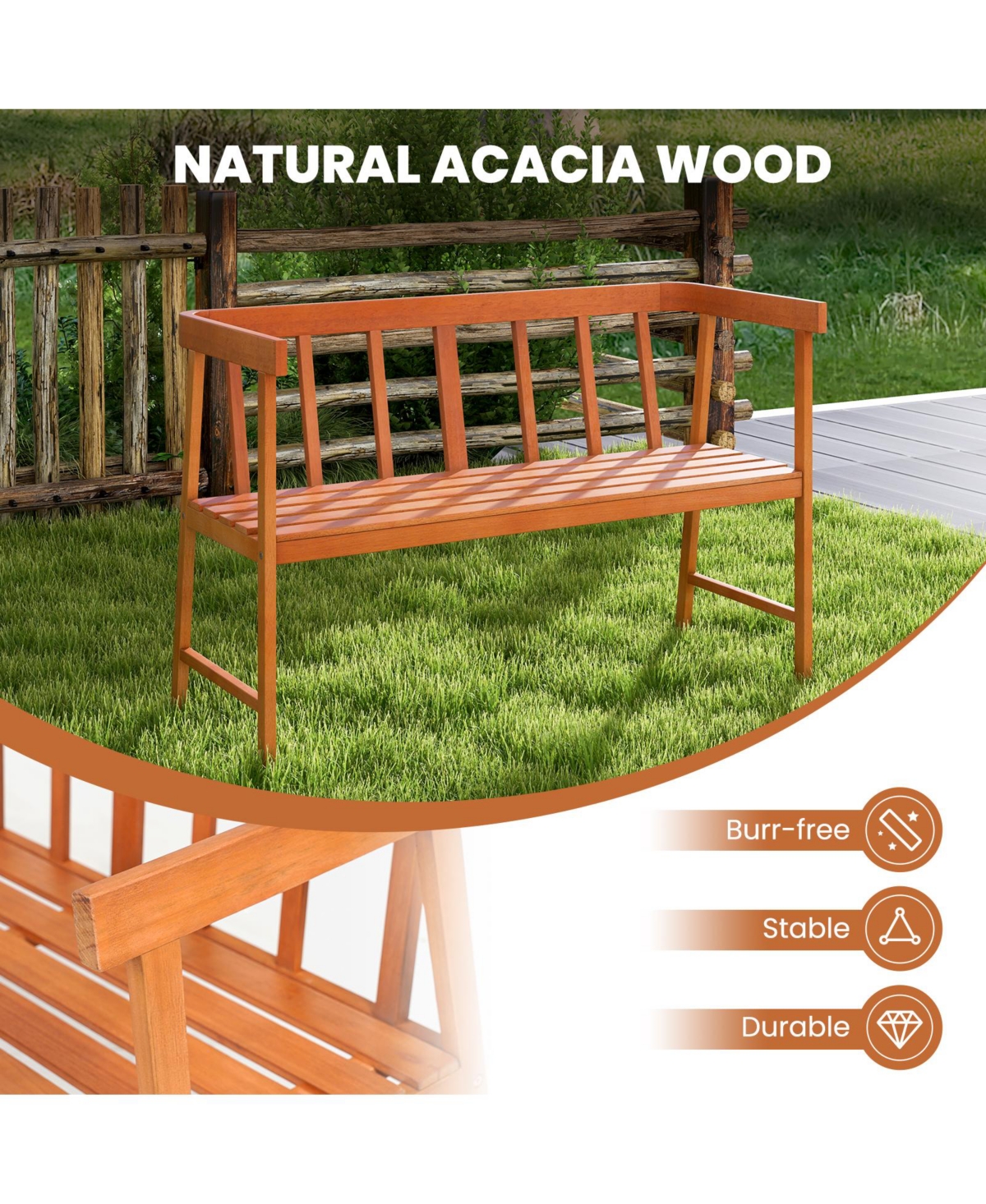 Slickblue Outdoor Acacia Wood Bench with Backrest and Armrests