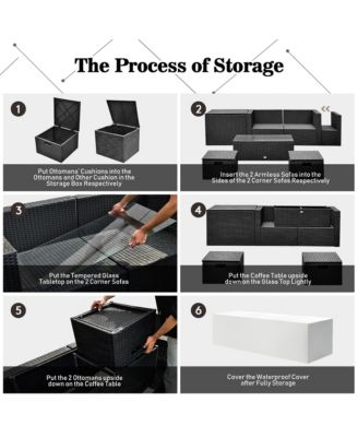 8PCS Patio Rattan Furniture Set Storage Table Ottoman