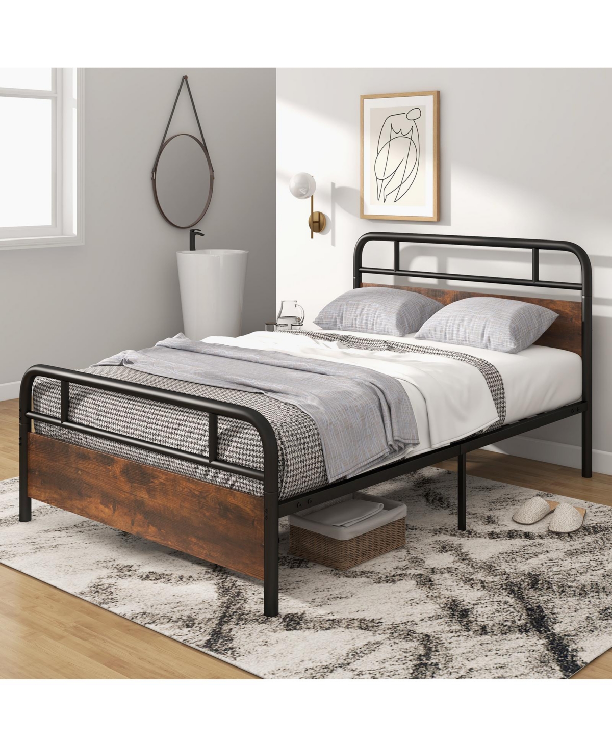 Full Size Bed Frame with Industrial Headboard-Full Size