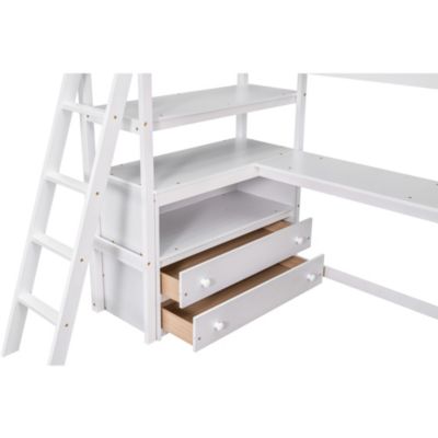 Twin Size Loft Bed With Desk And Shelves, Two Built-In Drawers
