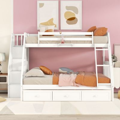 Twin-Over-Full Bunk Bed with Drawers, Ladder and Storage Staircase