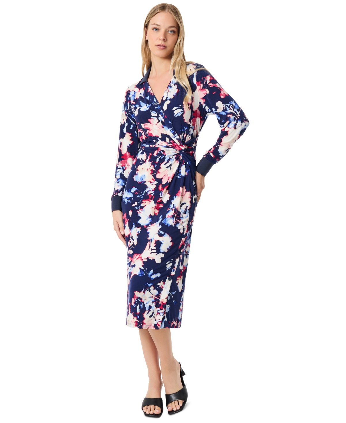 JONES NEW YORK WOMEN'S COLLARED TWISTED WRAP MIDI DRESS 