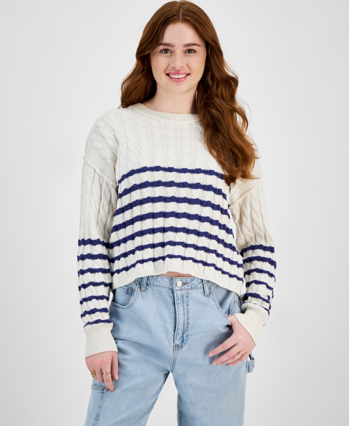 Hooked Up by Iot Juniors' Striped Cable-Knit Sweater