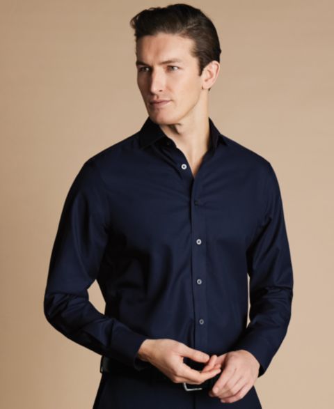 Мужская рубашка Charles Tyrwhitt Slim-Fit Non-Iron Solid Twill Dress Shirt, цвет: Тёмно-синий