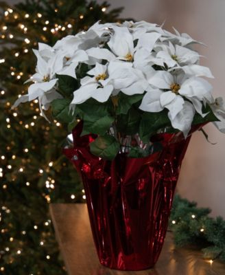 27.5" White Artificial Poinsettia with Red Wrapped Pot