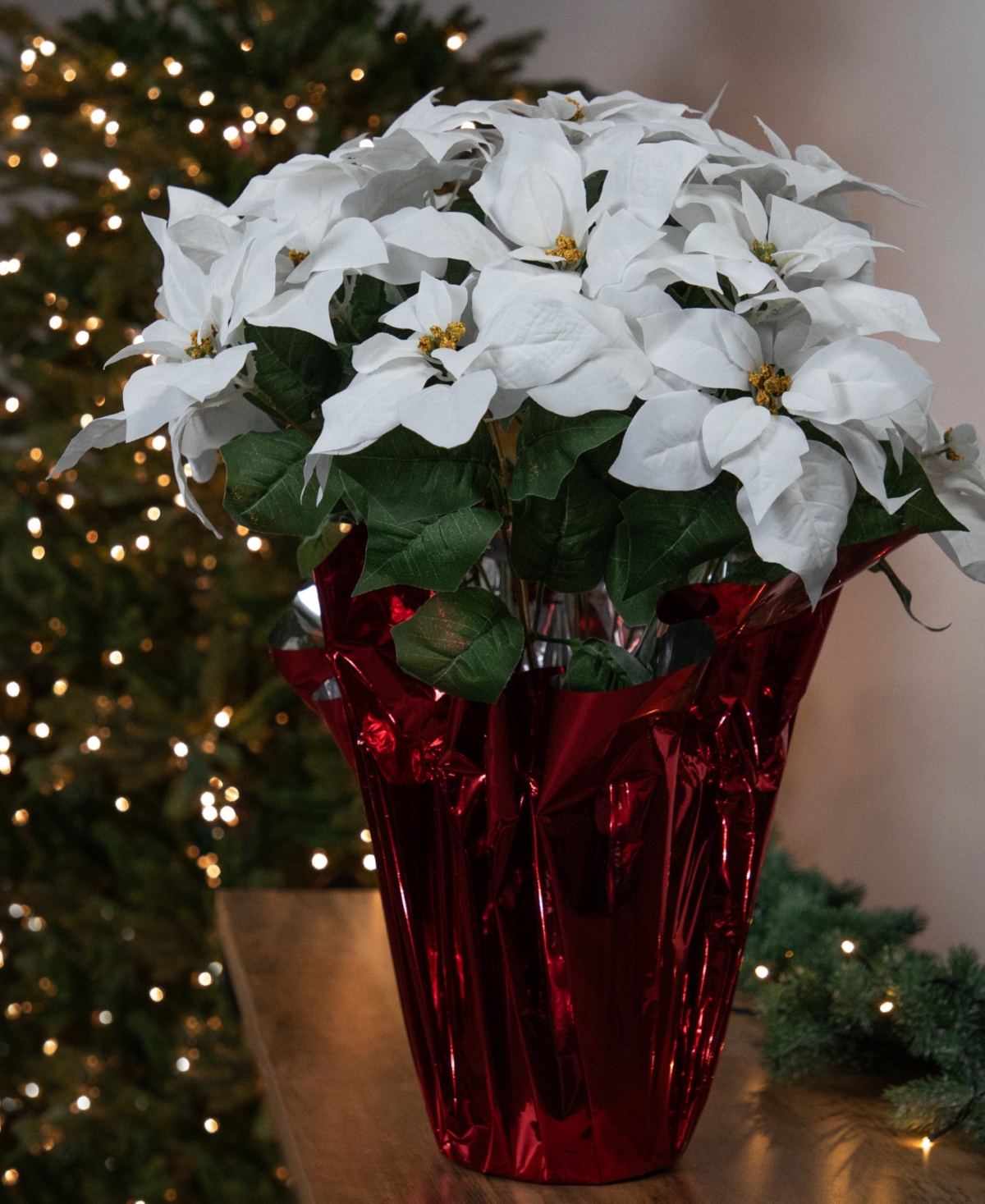 Northlight 27.5" White Artificial Poinsettia With Red Wrapped Pot In White
