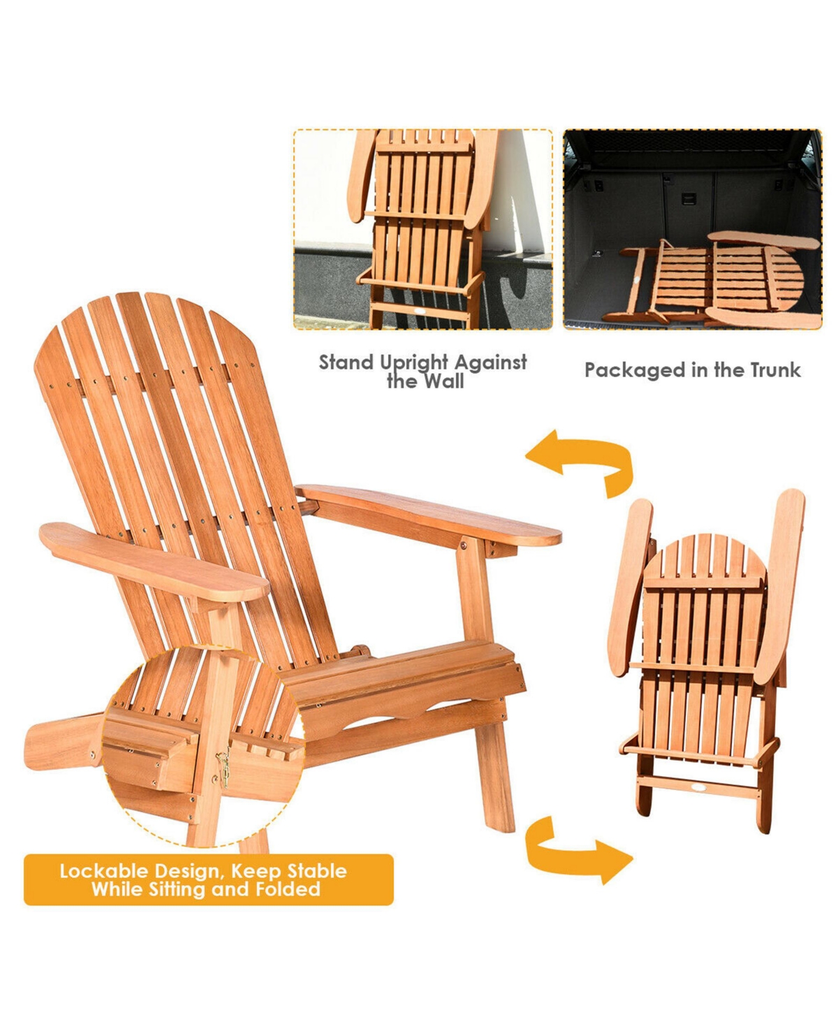 Gymax Pcs Eucalyptus Adirondack Chair Foldable Outdoor Wood Lounger Chair- Natural