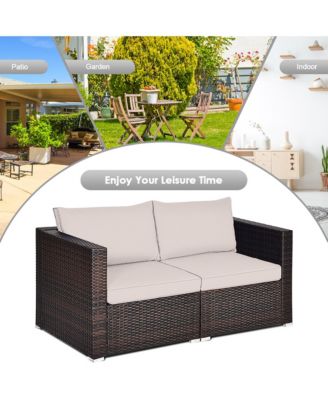 2PCS Rattan Corner Sofa Set Patio Outdoor Furniture Set w/ 4 Beige Cushions