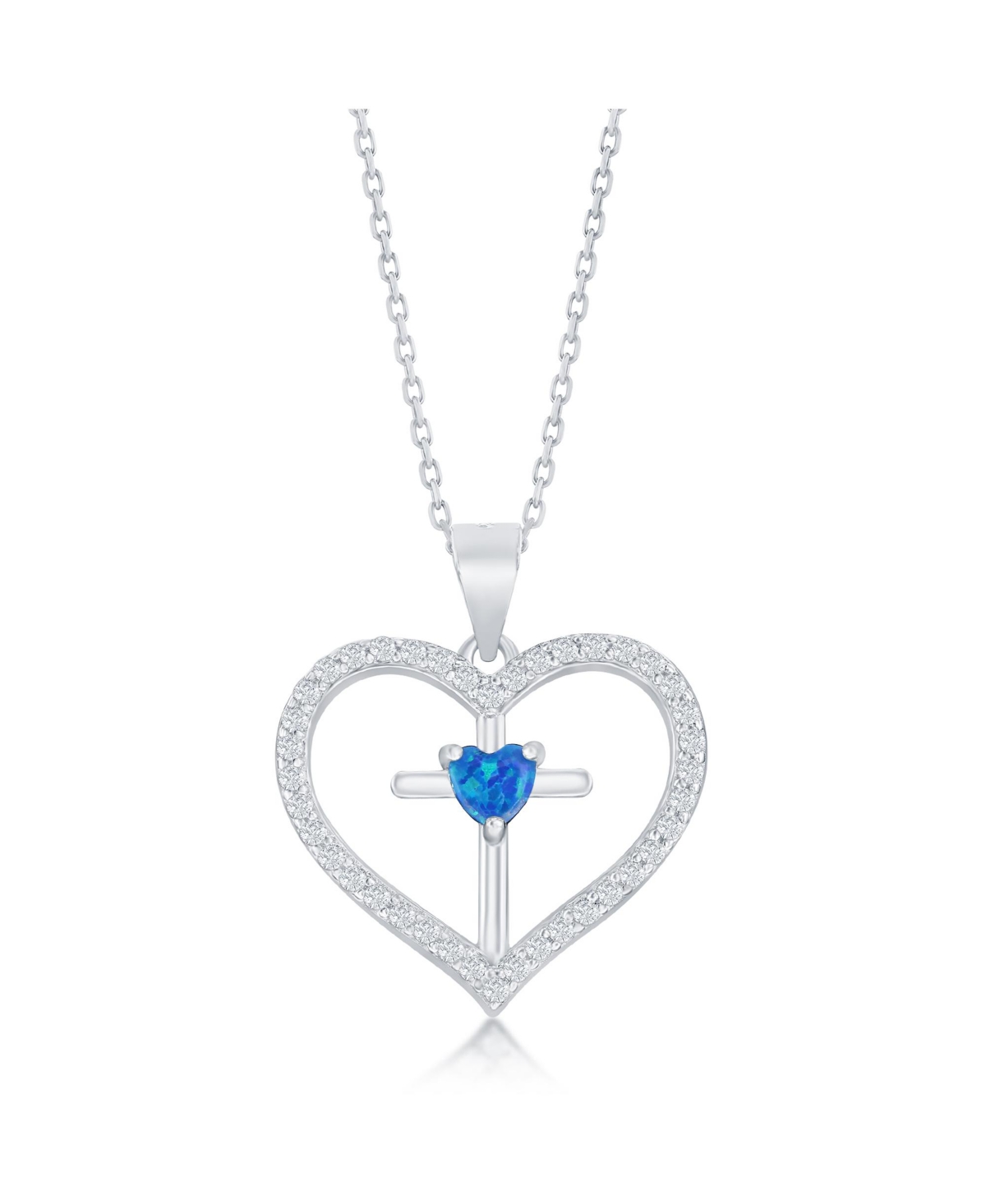 Sterling Silver Cz Cross Heart Pendant - Blue