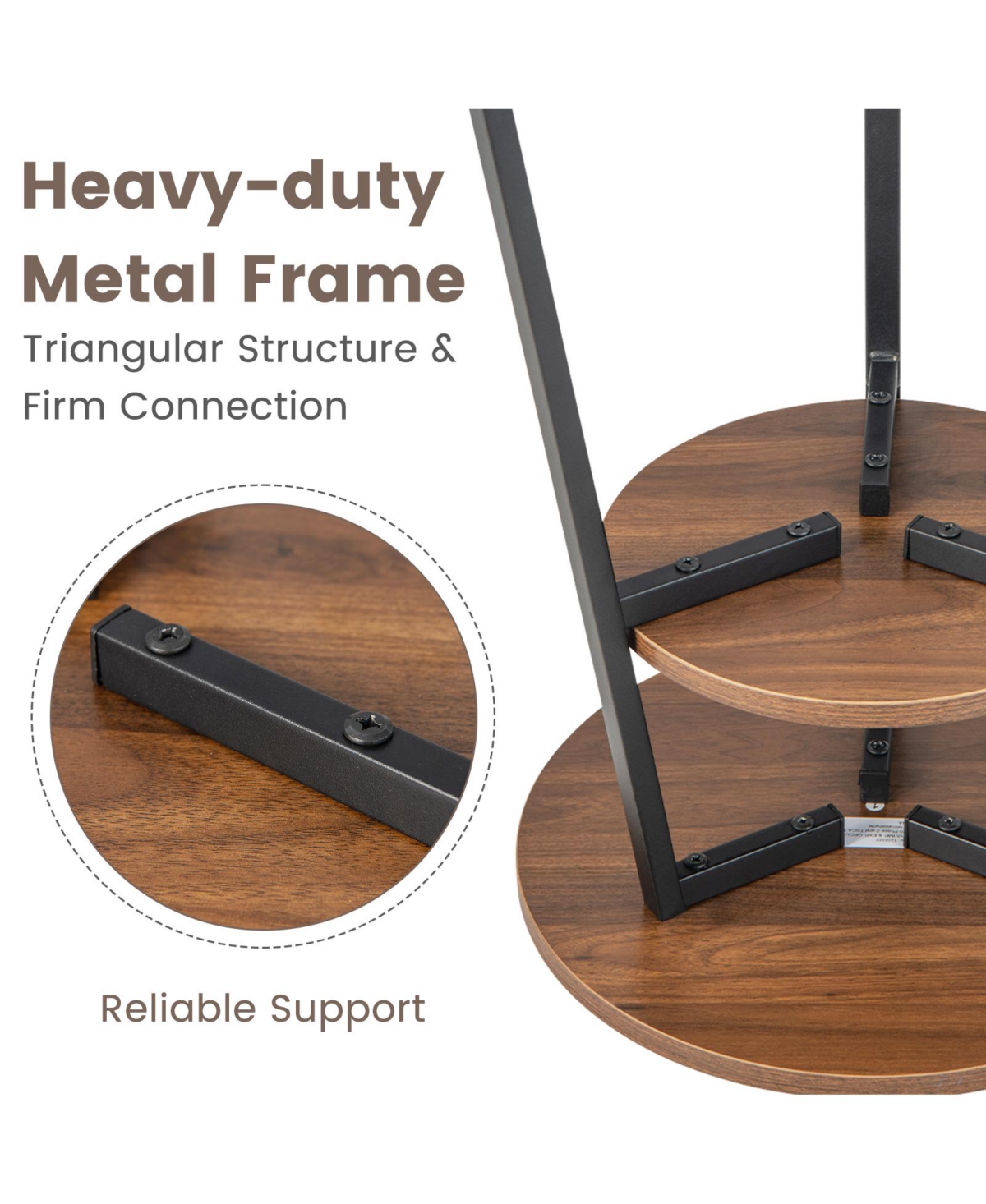 Slickblue 2-Tier Round End Table with Open Shelf and Triangular Metal Frame
