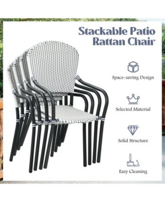 Set of 4 Patio Rattan Stackable Dining Chair with Armrest for Garden-White