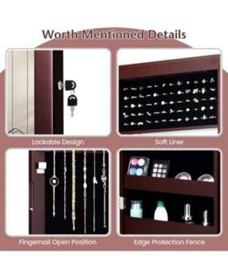 Lockable Wall Door Mounted Mirror Jewelry Cabinet with LED Lights