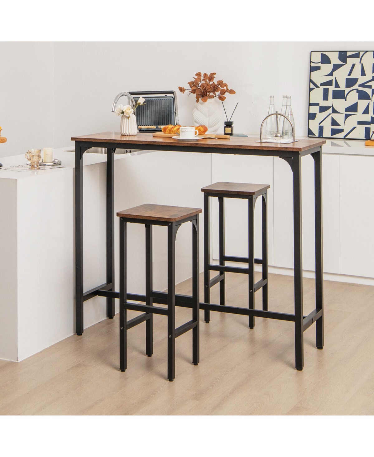 Sugift 2 Pieces Dining Bar Chair Set with Footrest and Adjustable Pads-Rustic- Brown