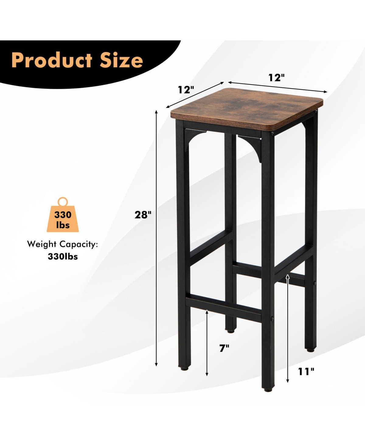 Sugift 2 Pieces Dining Bar Chair Set with Footrest and Adjustable Pads-Rustic- Brown