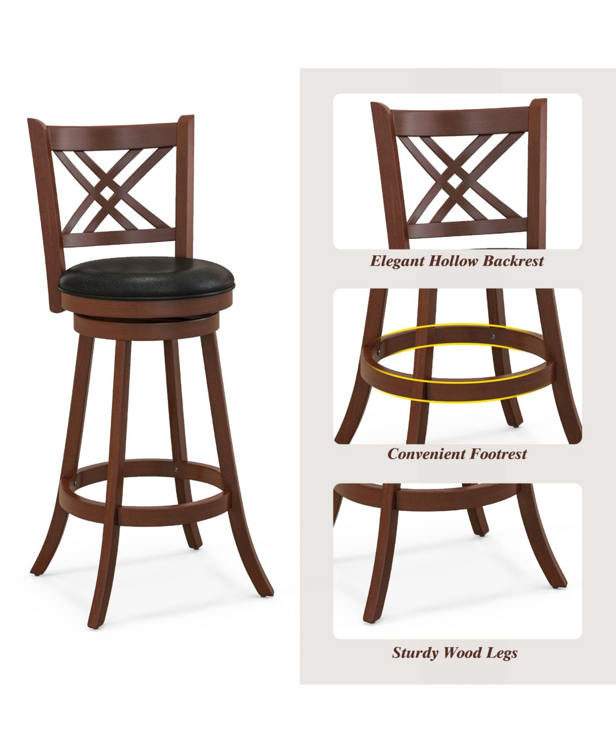 Sugift 360 Swivel Upholstered Barstools Set of 2 with Back and Footrest