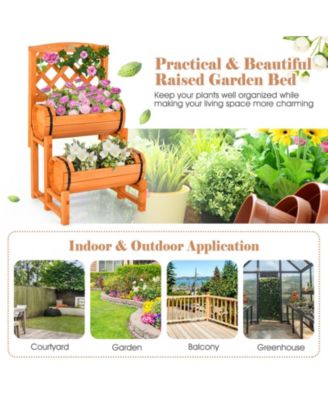 2-Tier Raised Garden Bed with 2 Cylindrical Planter Boxes and Trellis